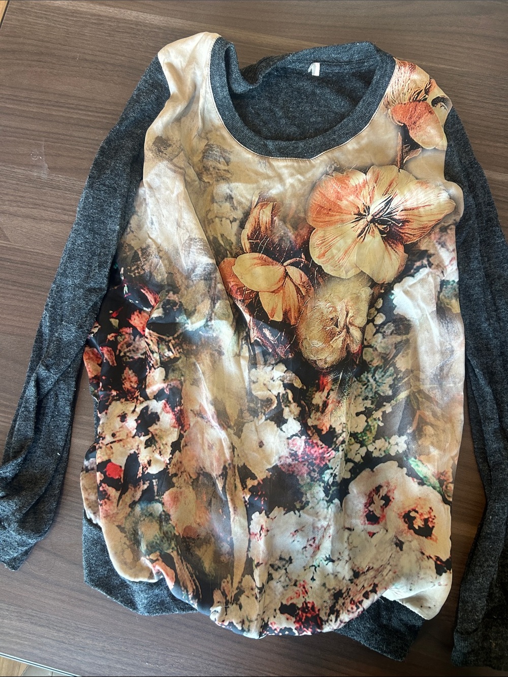 Forever 21 Gray Raglan Floral Sweatshirt with Cream and Rust Blooms